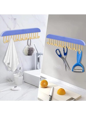 Mikasso 8 Kancalı ve Yapışkanlı Dolap Askısı Plastik Mavi Tr