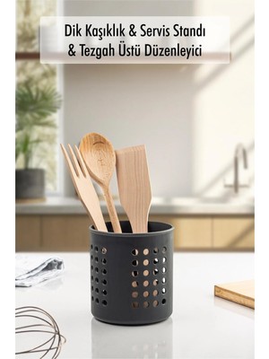 Mikasso Füme Silindir Dik Kaşıklık & Tezgah Üstü Düzenleyici & Servis Standı Ahşap 20 x 20 Krem Tr