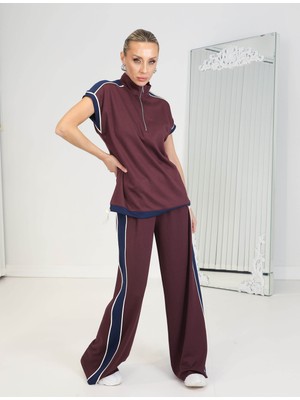 Qimya Butik Buketli Kadın Dik Yaka Fermuarlı Ay Kollu Üst ve Bol Pantolonlu Alt Üst Ikili Takım