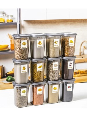 Mikasso Organizer Etiketli Erzak Saklama Kabı 1.2 Lt 12'lı Set Plastik Gri