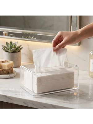Mikasso Şeffaf Akrilik Peçetelik ve Kağıt Mendil Kutusu - Modern Dekoratif Kutulu Beyaz Plastik