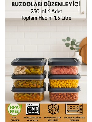 Mikasso 0,25 Litre 6 Adet Buzdolabı Düzenleyici Organizer Mikrodalgaya Uygun Difriz Saklama Kabı Toplam 1,5