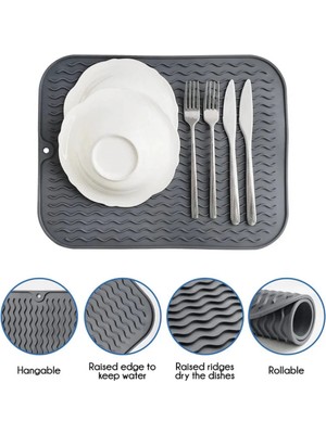 Mikasso 1 Adet Çok Amaçlı Bulaşıklık Tezgah Üstü Kurutmalık Durulama Matı 36X28 cm M-143 Silikon Gri