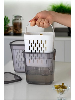 Mikasso Süzgeçli Turşuluk, Zeytinlik, Çok Amaçlı Dikdörtgen Saklama Kabı Seti - 2 Lt Plastik Siyah