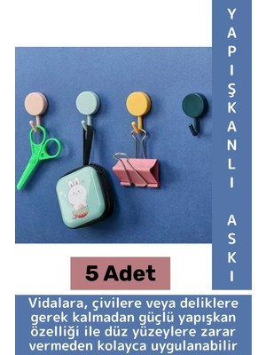 Mikasso Iz Bırakmaz Montaj Gerektirmez Mutfak Banyo Ev Ofis Kendinden Yapışkanlı Renkli Duvar Askısı 5 Adet