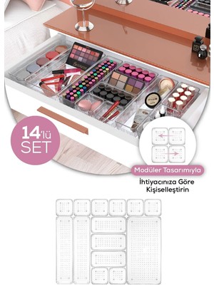 Mikasso 14'lü Takı Makyaj Çekmece Içi Düzenleyici Kozmetik Aksesuar Organizer Plastik 100 x 100 Beyaz