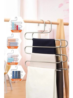 Mikasso 5 Katlı Akıllı Askı , Pantolon Askısı, Şal Askısı, Eşarp Askısı,paslanmaz Çelik Askı Metal Gri Tr