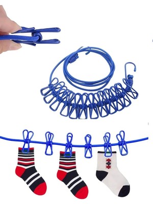 Mikasso 12 Mandallı Taşınabilir Elastik Çamaşır Ipi 185-380 cm Uzayan En Pratik Çamaşır Asma Ipi (Mavi) 25+