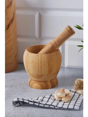 Mikasso Doğal Bambu Ahşap Sarımsak Ezeceği Havan Orta Boy Ahşap