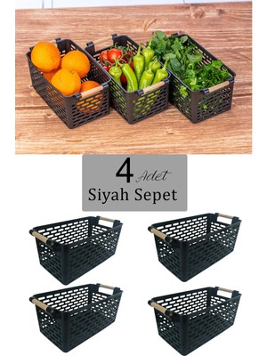 Mikasso 4 Adet Çok Amaçlı Plastik Tutacaklı Organizer Sepet - Dolap Içi & Çekmece Düzenleyici Sepet - Siyah