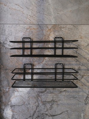 Mikasso Yapışkanlı Siyah Tekli Çok Amaçlı Banyo / Mutfak Rafı 2 Adet Metal Siyah
