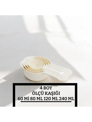 Mikasso Ölçü Kaşığı 4 Farklı Boy Ölçü Kabı Ölçek Kaşığı (60ML + 80ML + 120ML + 24OML) Plastik Ekru