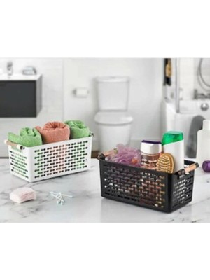 Mikasso Siyah Beyaz Ahşap Saplı Plastik Düzenleyici 2li Buzdolabı Organizer Plastik Beyaz