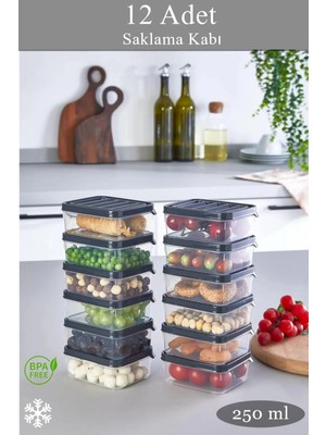 Mikasso 12 Adet 250 ml Dondurulmuş, Bakliyat, Taze Gıda Saklama Kabı Plastik Gri