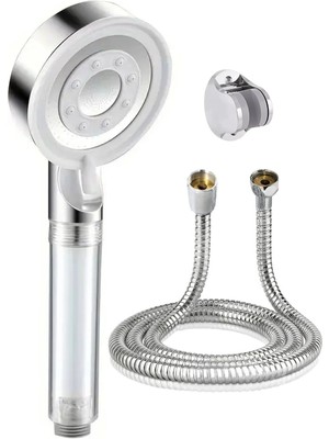 Mikasso Filtreli 5 Fonksiyon Beyaz Çelik El Duşu , Örgülü Duş Hortumu ve Mafsal 3'lü Set Gümüş Plastik