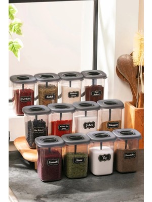 Mikasso 12'li 450ML Etiketli ve Kilitlenebilir Kendinden Kaşıklı Baharatlık Seti - 25 Adet Etiket Hediye Pla