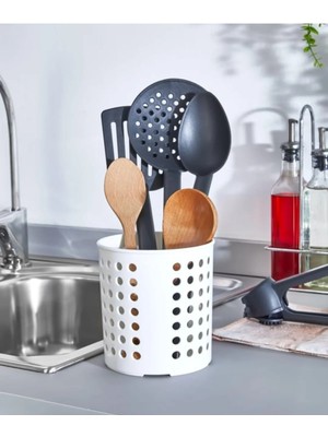 Mikasso Tezgah Üstü Silindir Kaşıklık Delikli Dik Kaşıklık Plastik Beyaz