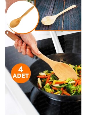 Mikasso ( 4 Adet ) Ahşap Tahta Kaşık Yemek Servis ve Pişirme Kaşığı 27 cm Çelik Çok Renkli