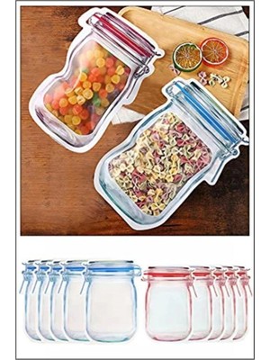 Mikasso - 10 Adet 2 Boy Kavanoz Görünümlü Kilitli Poşet 5AD. 500ML+5AD. 620ML Plastik Beyaz