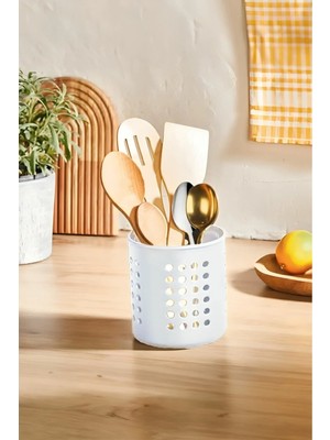 Mikasso Spire Silindir Kaşıklık, Tezgah Üstü Servis ve Kaşık Düzenleyici, Dik Kaşıklık Plastik Beyaz