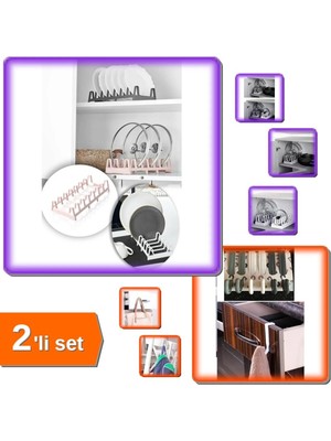 Mikasso Tencere Kapağı Organizeri 6 Bölmeli Kapak Rafı + 6 Adet Çekmece Havlupan Askısı - 2li Set D7R3G4 Pla