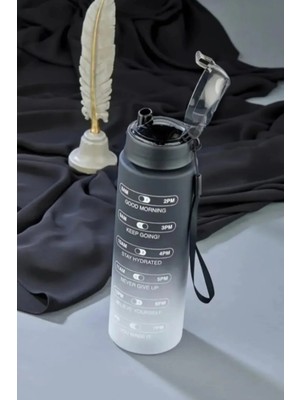 Mikasso Motivasyon Yazılı Zaman Çizelgeli Mat Siyah Suluk Su Matarası Taşınabilir Spor ve Ofis Için 800ML Si