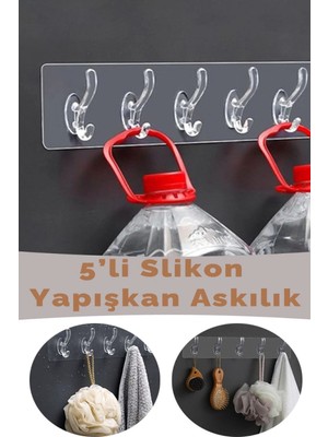 Mikasso Çok Amaçlı Yapışkanlı 5li Şeffaf Slikon Duvar Kapı Arkası Askılık Plastik Gri