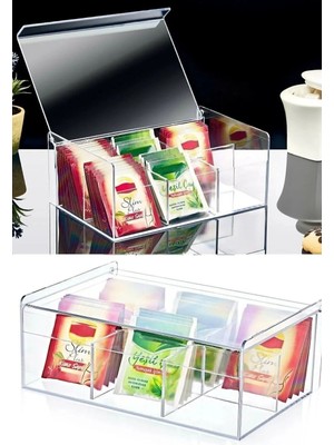 Mikasso Çay Kutusu 6 Bölmeli Kapaklı Poşet Bitki Çayı Saklama Kabı Plastik Beyaz