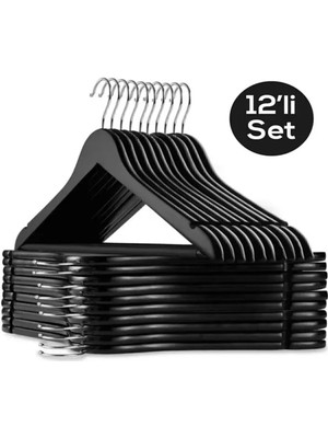 Mikasso Lux Ahşap Görünümlü Askı 12'li - Siyah Plastik Siyah