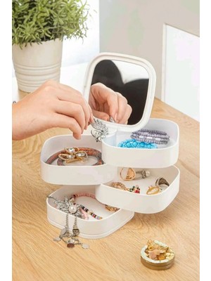 Mikasso Aynalı 4 Katlı Takı Organizeri 360 Derece Dönebilen Makyaj Organizeri Düzenleyici Kutu Plastik Beyaz