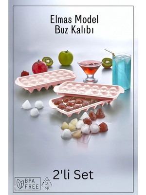 Mikasso 18 Bölmeli Elmas Model Buz Kalıbı - Buzluk - 2'li Set - Pembe Plastik
