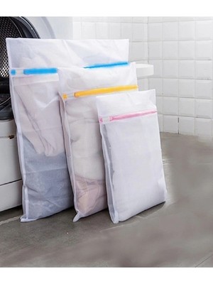 Mikasso 3'lü Set Renkli Fermuarlı Çamaşır Yıkama Filesi Tr Beyaz