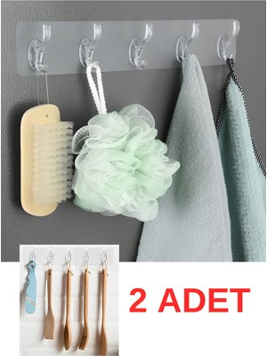 Mikasso 2 Adet Kendinden Yapışkanlı 5 Kancalı Askı Katlanabilir Esnek Şeffaf Güçlü Yapışkanlı Askılığı Plas