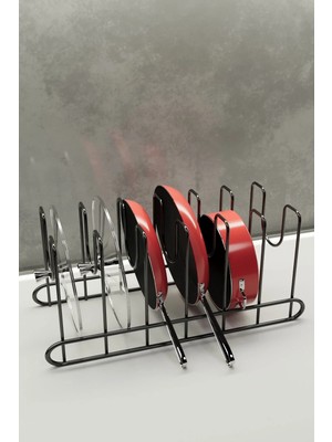 Mikasso Metal Siyah Renk Tava ve Tencere Kapağı Düzenleyici Raf Mutfak Dolabı Tel Tencere Tava Organizeri Me