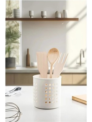 Mikasso Beyaz Silindir Kaşıklık Tezgah Üstü Servis Standı Dik Kaşıklık Düzenleyici Plastik Beyaz