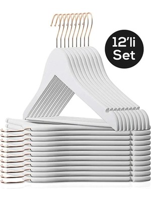 Mikasso 12 Adet - Beyaz Gold Kancalı Ahşap Görünümlü Plastik Askı Kıyafet Elbise Gömlek Askısı Plastik Beyaz