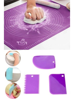 Mikasso 2'li Set 40X50 cm Silikon Hamur Açma Matı ve 3'lü Hamur Kesici Kazıyıcı Set Silikon