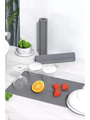 Mikasso Elastik Bulaşık Matı Kokusuz Mutfak Su Tahliyesi 43X33 cm Silikon Gri