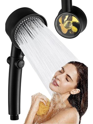 Mikasso 5 Fonksiyonlu Siyah Duş Başlığı Turbo Pervaneli Ayarlanabilir Masajlı Banyo Duşu Siyah Plastik