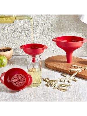Mikasso Kırmızı 3 Lü Huni Seti Süzgeçli Huni Seti Yağ Hunisi Bpa Içermez Plastik