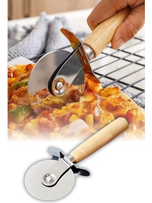 Mikasso Ahşap Saplı Pizza Kesici Paslanmaz Çelik Yuvarlak Bıçaklı Dilimleme Aparatı Ergonomik Ahşap Tutma Ko