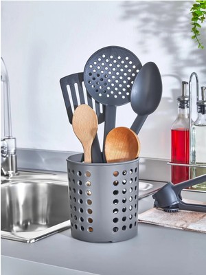 Mikasso Plastik Silindir Dik Kaşıklık & Tezgah Üstü Düzenleyici & Servis Standı Plastik Gri