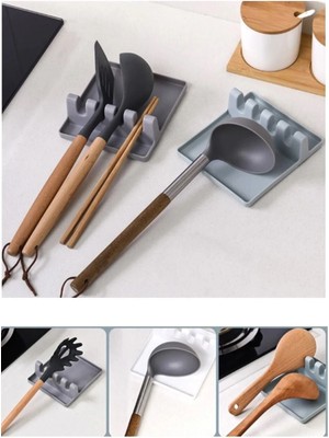 Mikasso Tezgah Üstü Kaşık ve Kapak Tutucu Silikon Kaymaz Mutfak Standı Çoklu Kaşıklık 2 Adet Plastik Çok Ren