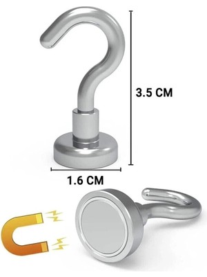 Mikasso 2 Adet Çok Amaçlı Güçlü Neodyum Mıknatıs Manyetik Kanca Askı - 16 mm Çap Metal Gümüş Ch