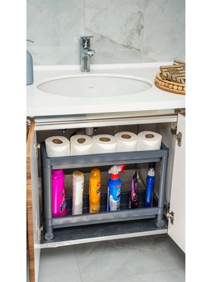 Mikasso Tekerlekli Vesken 2 Katlı Lavabo Altı Mutfak Banyo Düzenleyici Raf Ünitesi (Gri-Antrasit) Plastik gr