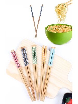 Mikasso 5 Çift Desenli Uzakdoğu Bambu Chopsticks Yemek Çubuğu Ahşap Kahverengi