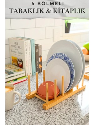 Mikasso 6 Bölmeli Doğal Bambu Bulaşıklık & Kitaplık - 25 x 12 cm Bambu Bej