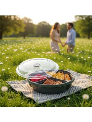 Mikasso 3 Bölmeli Kapaklı Mikrodalga Saklama Kabı, Beslenme Kabı 21 x 21 x 5 (H) cm Plastik Gri