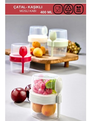 Mikasso Pratik Taşınabilir Yoğurt, 400 ml Müsli Saklama Kabı,kaşıklı Beslenme Kabı Plastik Beyaz