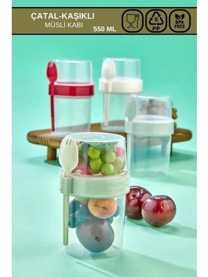 Mikasso Pratik Taşınabilir Yoğurt, 550 ml Müsli Saklama Kabı,kaşıklı Beslenme Kabı Plastik Yeşil